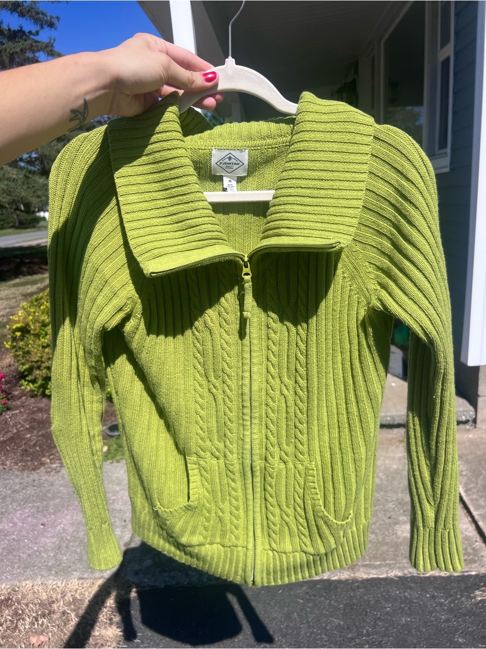 St. John’s Bay Green Cable Knit Full Zip Sweater Medium